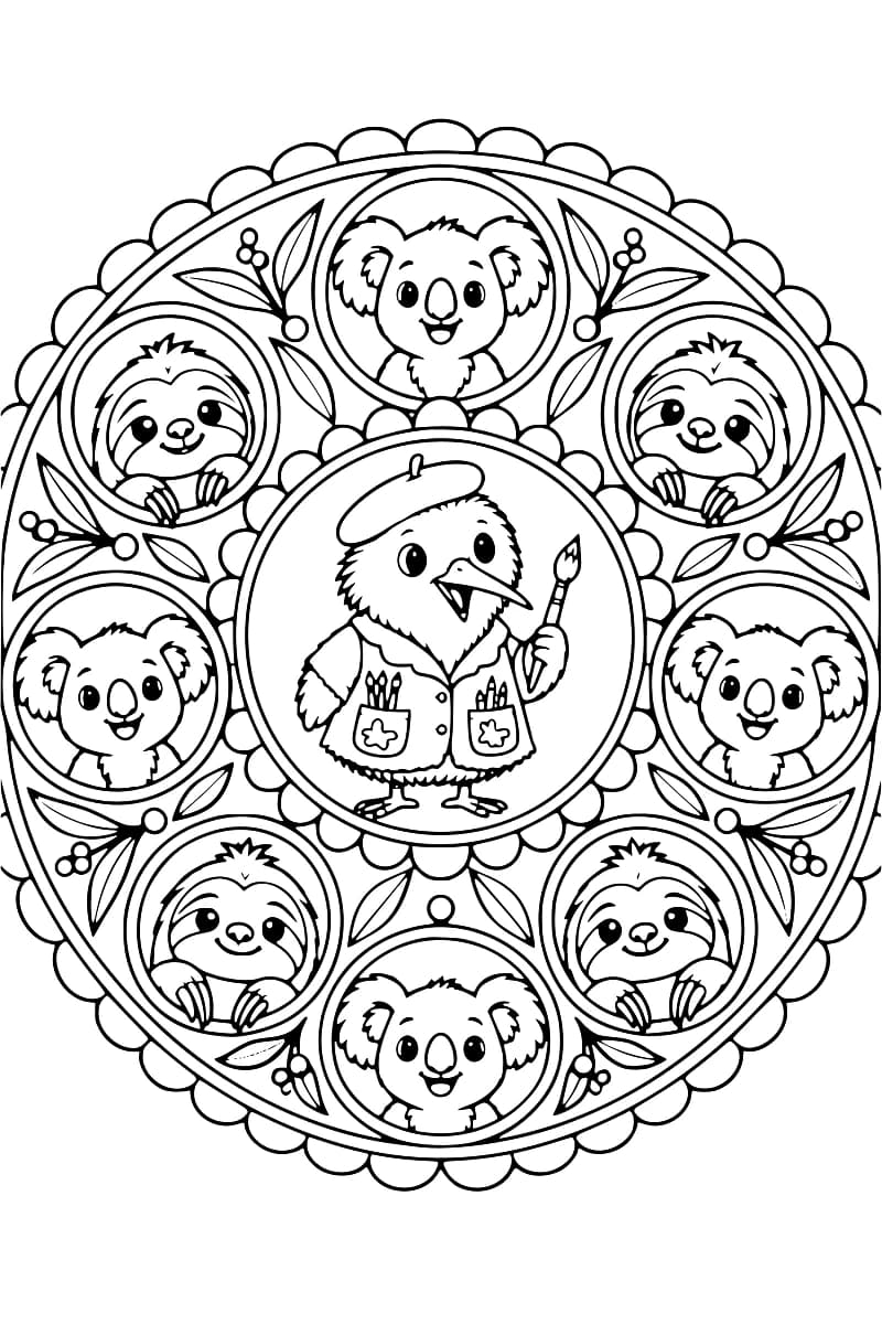 Dessin en noir et blanc d’un kiwi portant un béret et une veste garnie de pinceaux, tenant un pinceau au centre d’un cadre ovale festonné, entouré de quatre koalas et de quatre paresseux dans des médaillons séparés par des motifs végétaux.