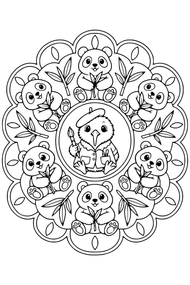 Dessin en noir et blanc d’un oiseau kiwi portant un béret et tenant un pinceau dans un médaillon central, entouré de six pandas avec du bambou et d’une bordure festonnée ornée de feuilles.