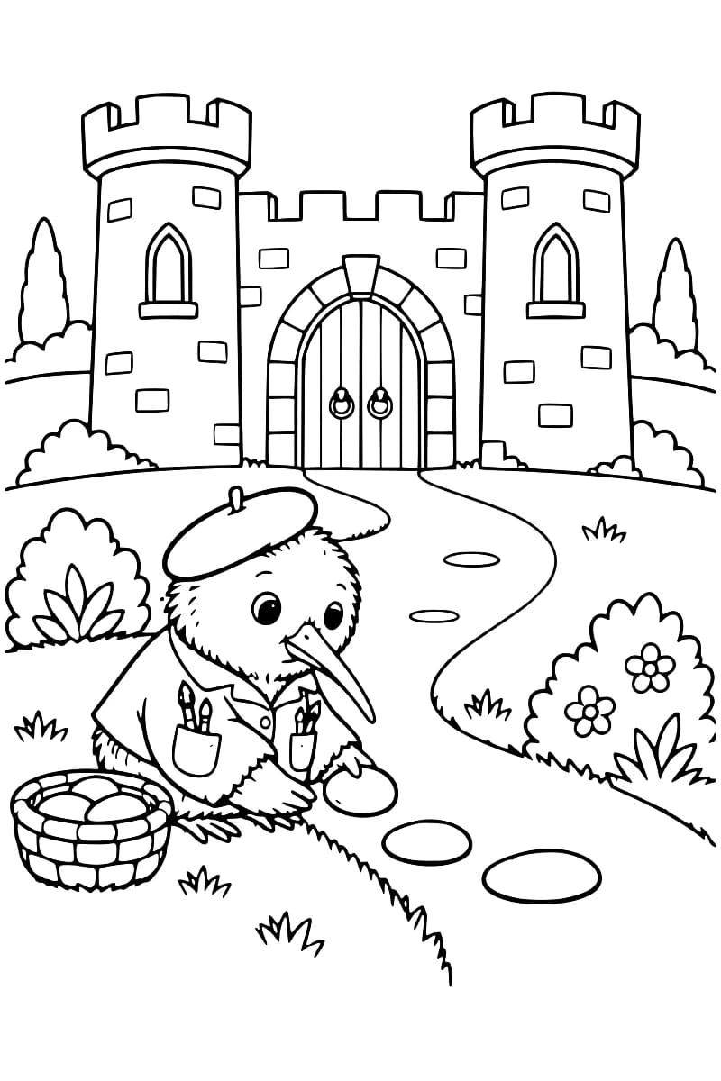 Dessin à colorier d’un oiseau en béret et blouse tenant une pierre près d’un panier rempli de pierres, devant un château à deux tours crénelées entouré de buissons et de fleurs.