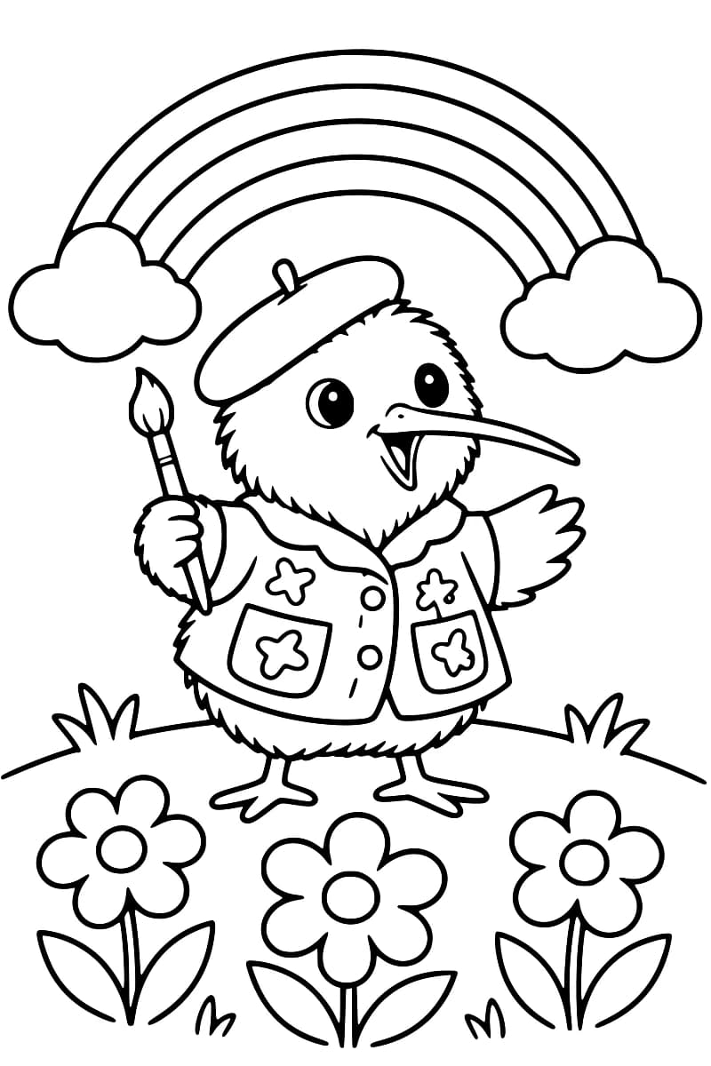 Coloriage en noir et blanc d’un oiseau Kiwi portant un béret et une blouse, tenant un pinceau, avec des fleurs, des nuages et un arc-en-ciel.