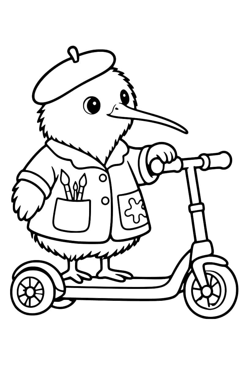 Dessin en noir et blanc d’un kiwi à long bec, coiffé d’un béret et vêtu d’une veste avec des pinceaux dans une poche, debout sur une trottinette à trois roues et tenant le guidon d’une aile.