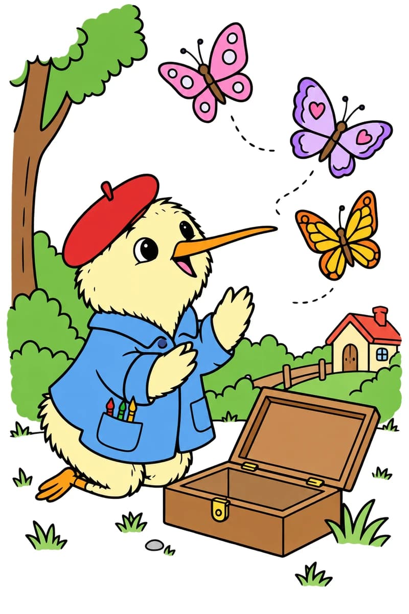 Dessin à colorier de Koloriwi, coiffé d’un béret et vêtu d’une veste, devant trois papillons aux ailes décorées de ronds et de cœurs. Une boîte ouverte est posée à ses pieds, avec un arbre, des buissons et une petite maison à l’arrière-plan. (exemple colorié)