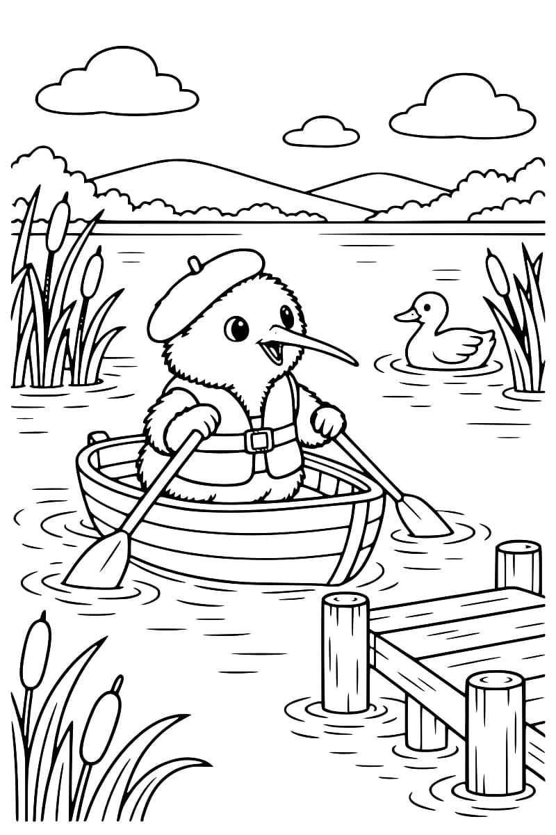 Koloriwi Kiwi dans une barque sur un lac, avec un canard, des roseaux et un ponton.