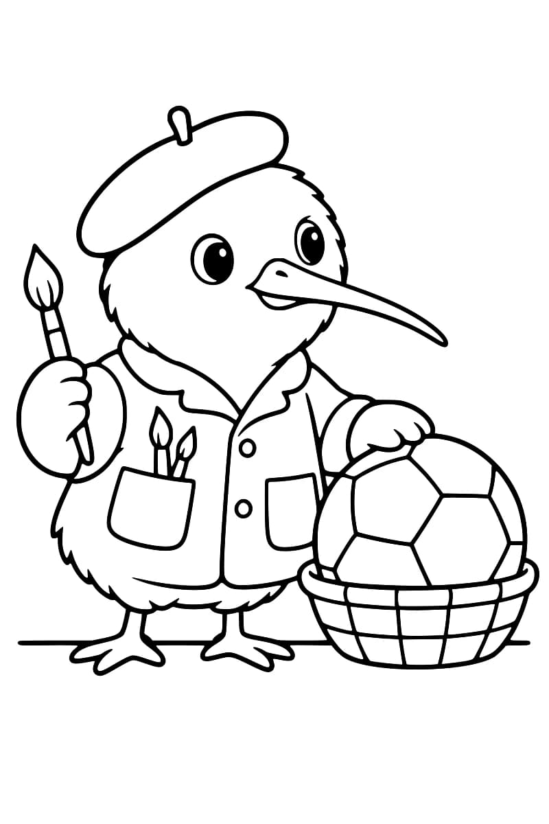Dessin en noir et blanc de Koloriwi au long bec, portant un béret et une veste avec des pinceaux dans une poche, tenant un pinceau d’une main et posant l’autre sur un grand ballon de football placé dans une corbeille.