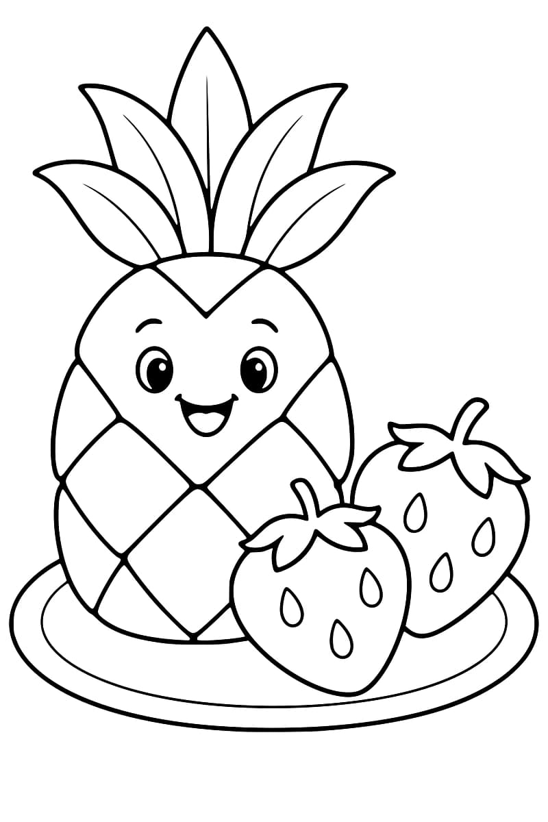 Dessin en noir et blanc d’un grand ananas aux longues feuilles pointues, avec des yeux et une bouche souriante, accompagné de deux fraises sur un plat ovale.