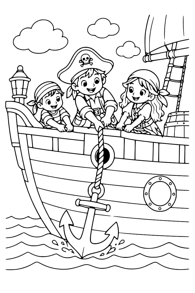 Dessin en noir et blanc montrant trois jeunes pirates sur un navire qui abaissent une grande ancre dans la mer.