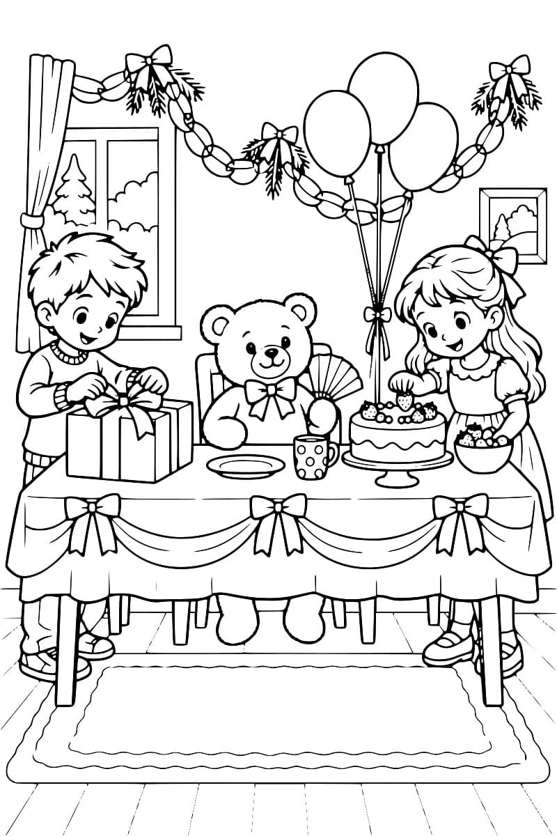 Un ourson est assis au centre d’une table d’anniversaire, entre deux enfants qui préparent un cadeau et un gâteau, sous des ballons et des guirlandes.