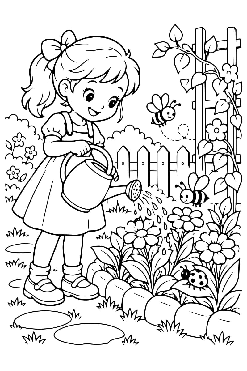 Dessin en noir et blanc d’une enfant arrosant des fleurs avec un arrosoir, entourée d’abeilles, de coccinelles, d’une clôture et d’une treille fleurie.