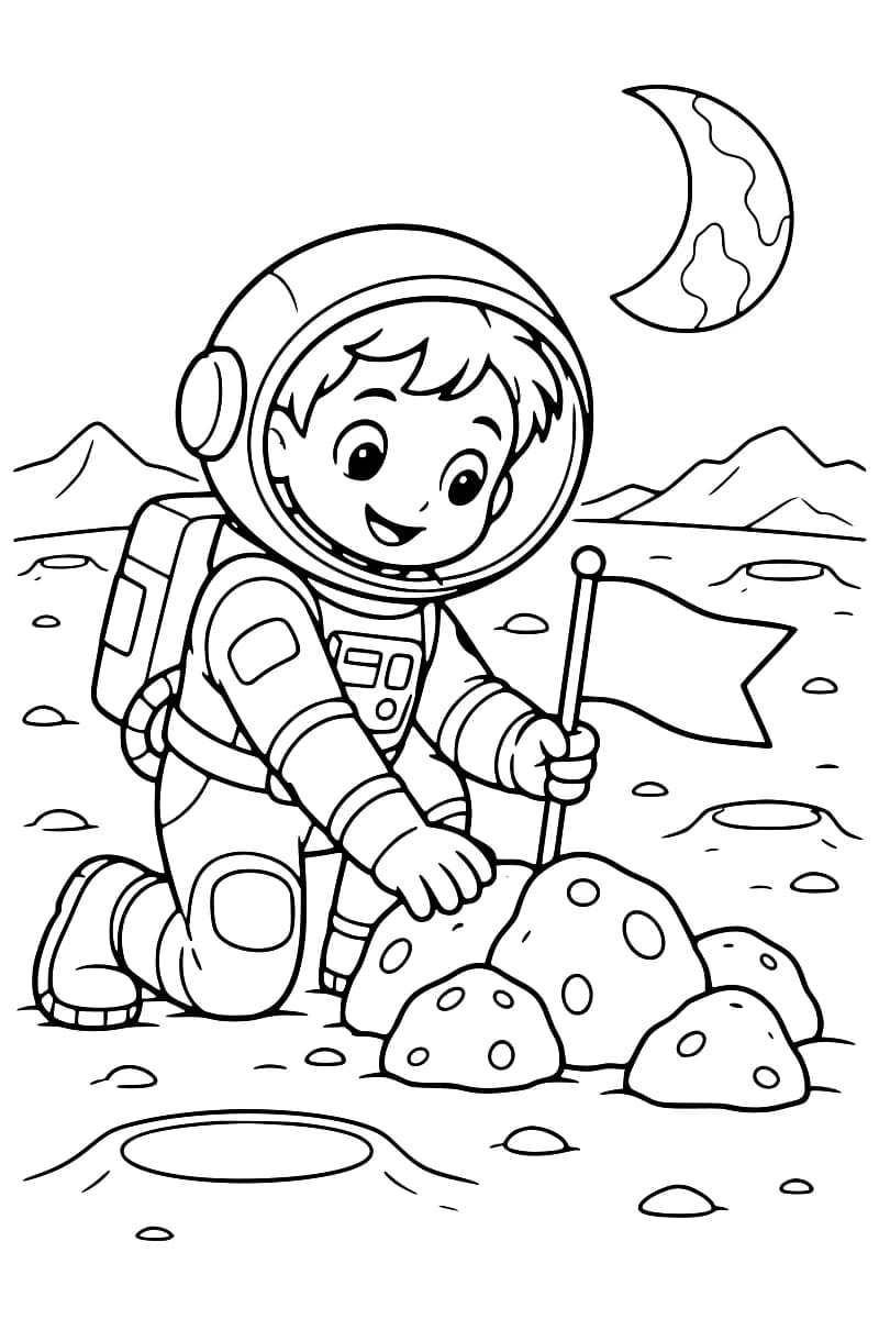 Coloriage en noir et blanc d’un jeune astronaute souriant, à genoux près de rochers, une main sur une pierre et l’autre tenant un drapeau, avec des cratères, des montagnes et un astre en croissant en arrière-plan.