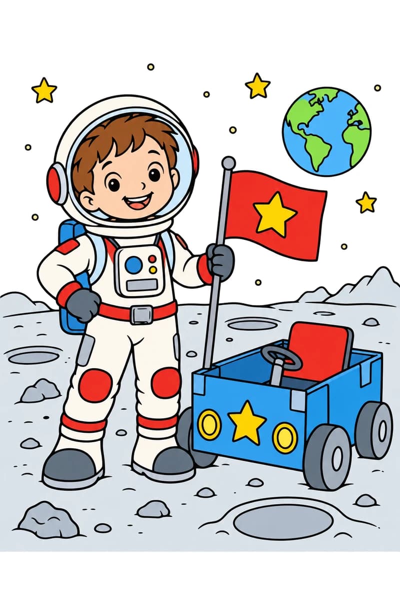 Dessin en noir et blanc d’un enfant astronaute près d’un rover à quatre roues, avec un drapeau étoilé, la Terre et des étoiles en arrière-plan. (exemple colorié)