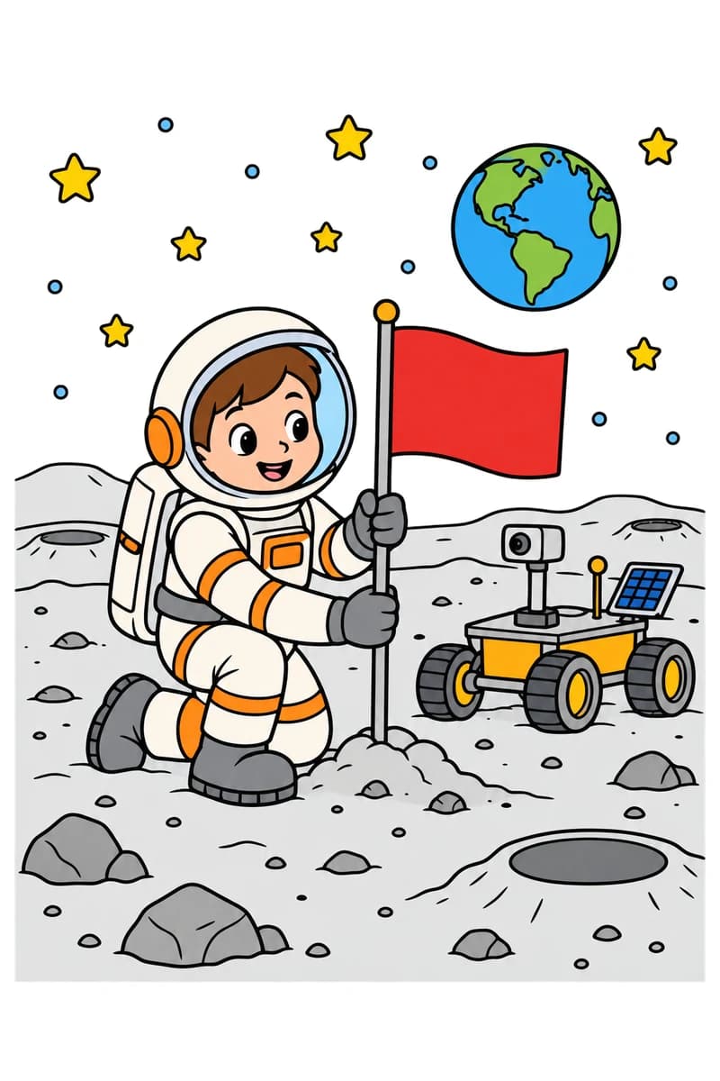 Dessin en noir et blanc d’un astronaute souriant tenant un drapeau à côté d’un véhicule lunaire, sous la Terre et des étoiles. (exemple colorié)