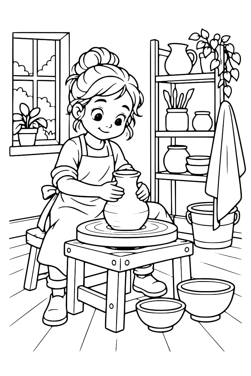 Dessin en noir et blanc représentant une jeune fille assise devant un tour de potier, en train de modeler un vase, avec des bols et des vases autour d’elle.