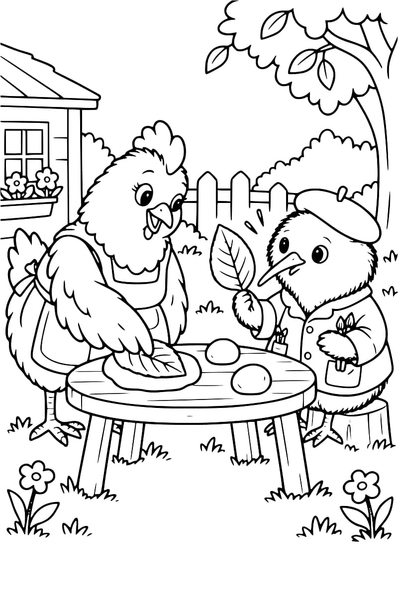 Dessin à colorier d’une poule en tablier et d’un kiwi en béret autour d’une table ronde, dans un jardin. La poule appuie sur une feuille posée sur une galette d’argile, près de deux boules, tandis que le kiwi tient une grande feuille.