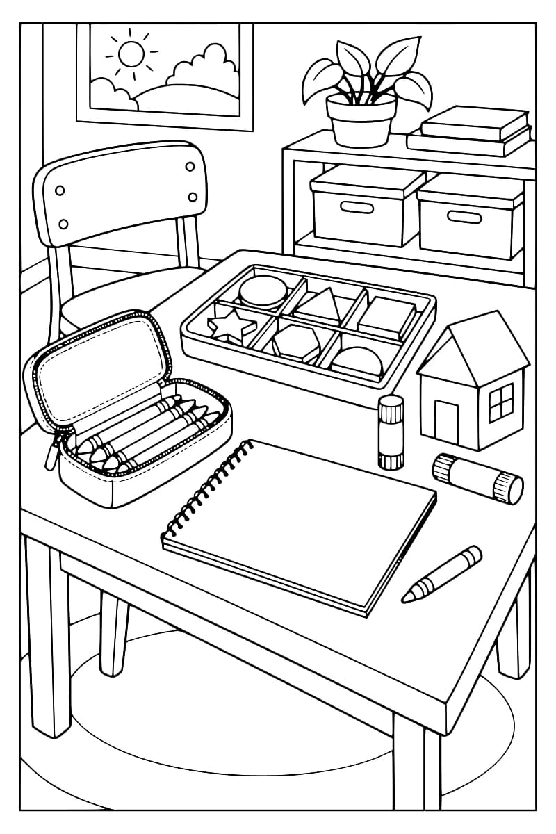 Scène de classe avec une table, une trousse ouverte, un carnet vierge, un plateau de formes, une maison en papier et une étagère avec une plante.