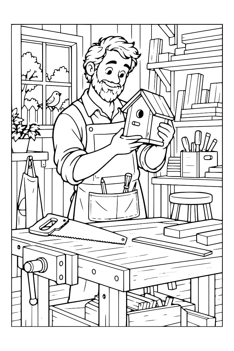 Coloriage en noir et blanc représentant un menuisier barbu tenant une cabane à oiseaux dans un atelier rempli d’outils et de bois.