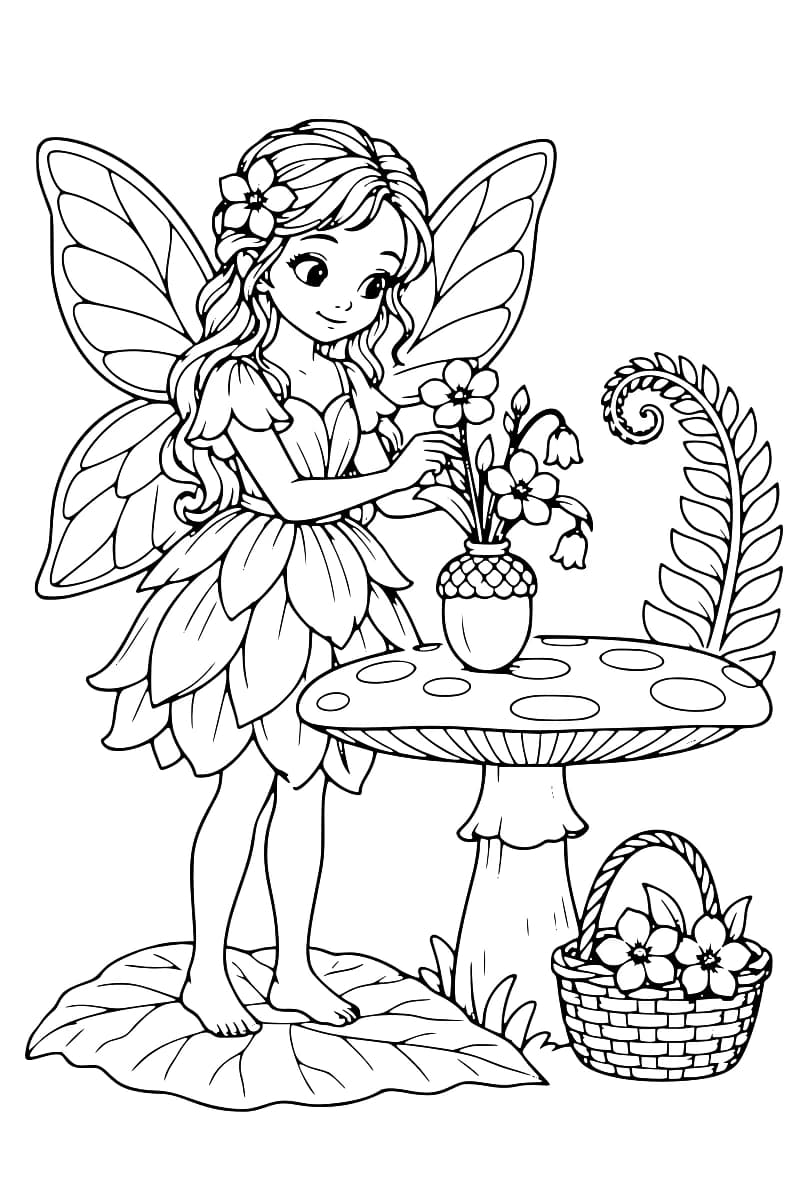 Dessin en noir et blanc d’une fée ailée arrangeant des fleurs sur une table champignon, avec un panier fleuri à ses pieds.