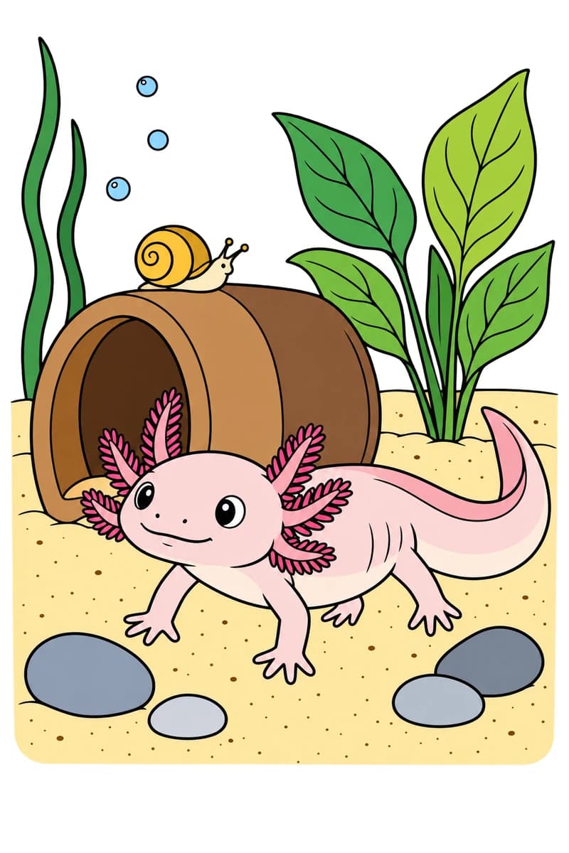 Dessin au trait noir sur fond blanc d’un axolotl aux branchies ramifiées devant un abri cylindrique ouvert, avec un escargot sur le dessus, des plantes aquatiques, des bulles et des galets. (exemple colorié)