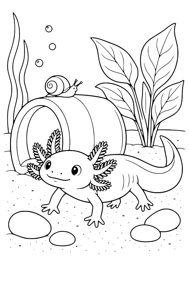 Dessin au trait noir sur fond blanc d’un axolotl aux branchies ramifiées devant un abri cylindrique ouvert, avec un escargot sur le dessus, des plantes aquatiques, des bulles et des galets.