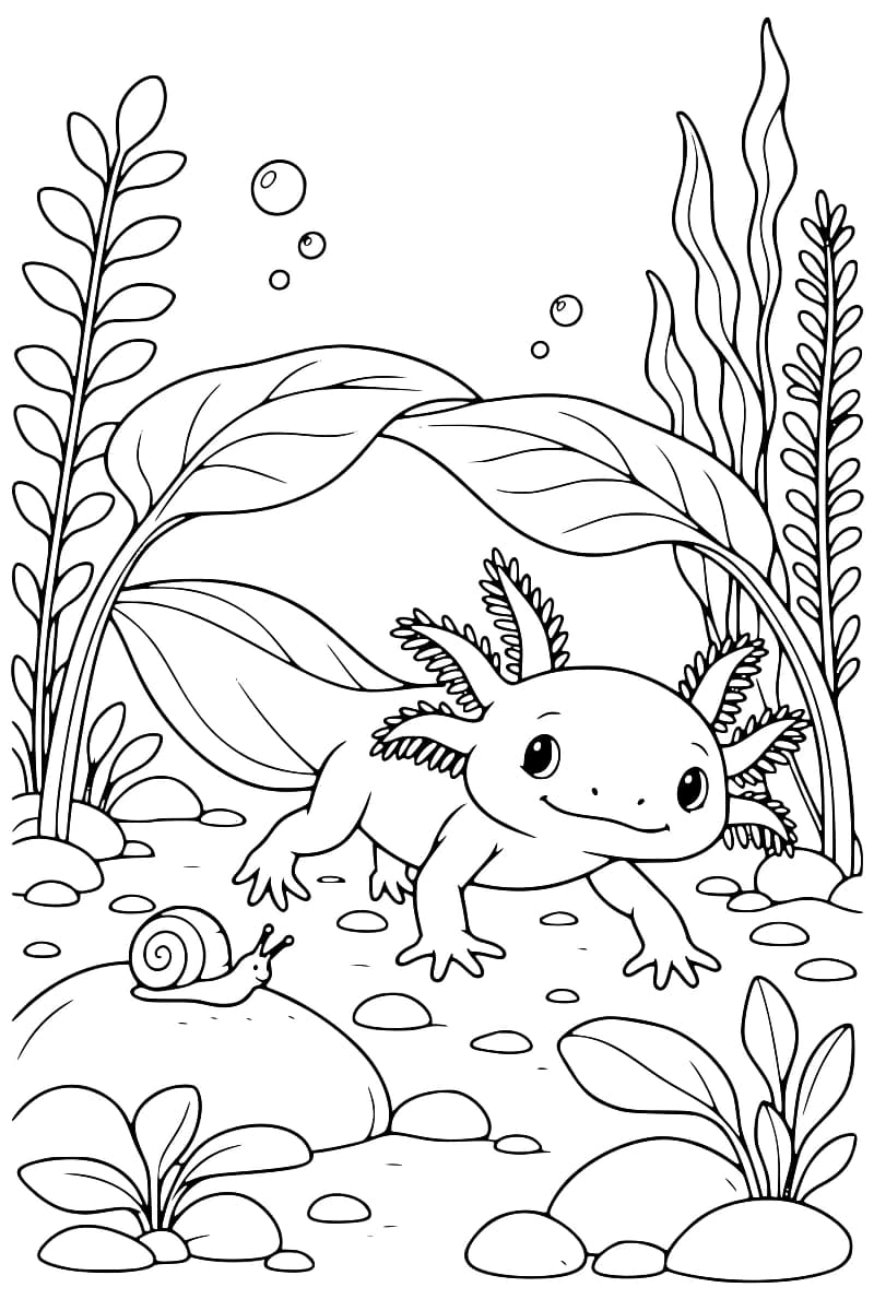 Dessin en noir et blanc d’un axolotl aux branchies ramifiées, entouré de plantes aquatiques, de bulles et de galets, avec un escargot sur un rocher au premier plan.