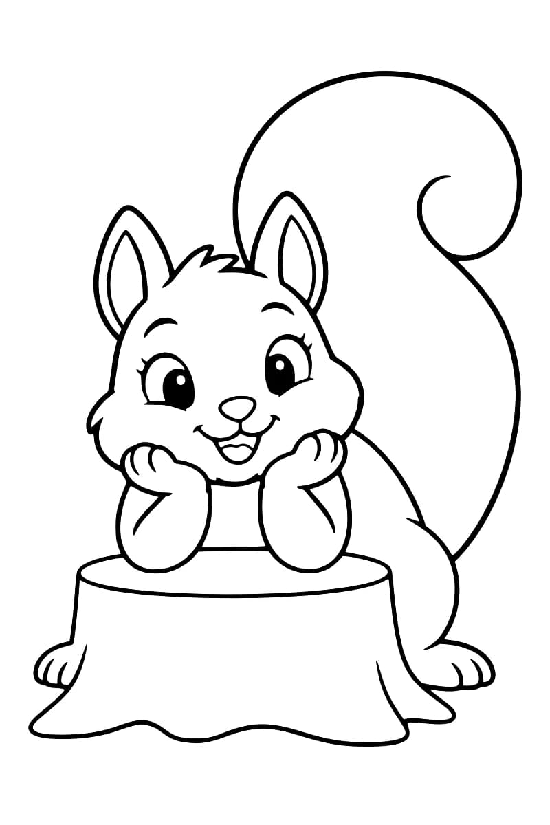 Dessin en noir et blanc d’un écureuil souriant derrière une souche, les joues dans les pattes et une grande queue recourbée dressée derrière lui.