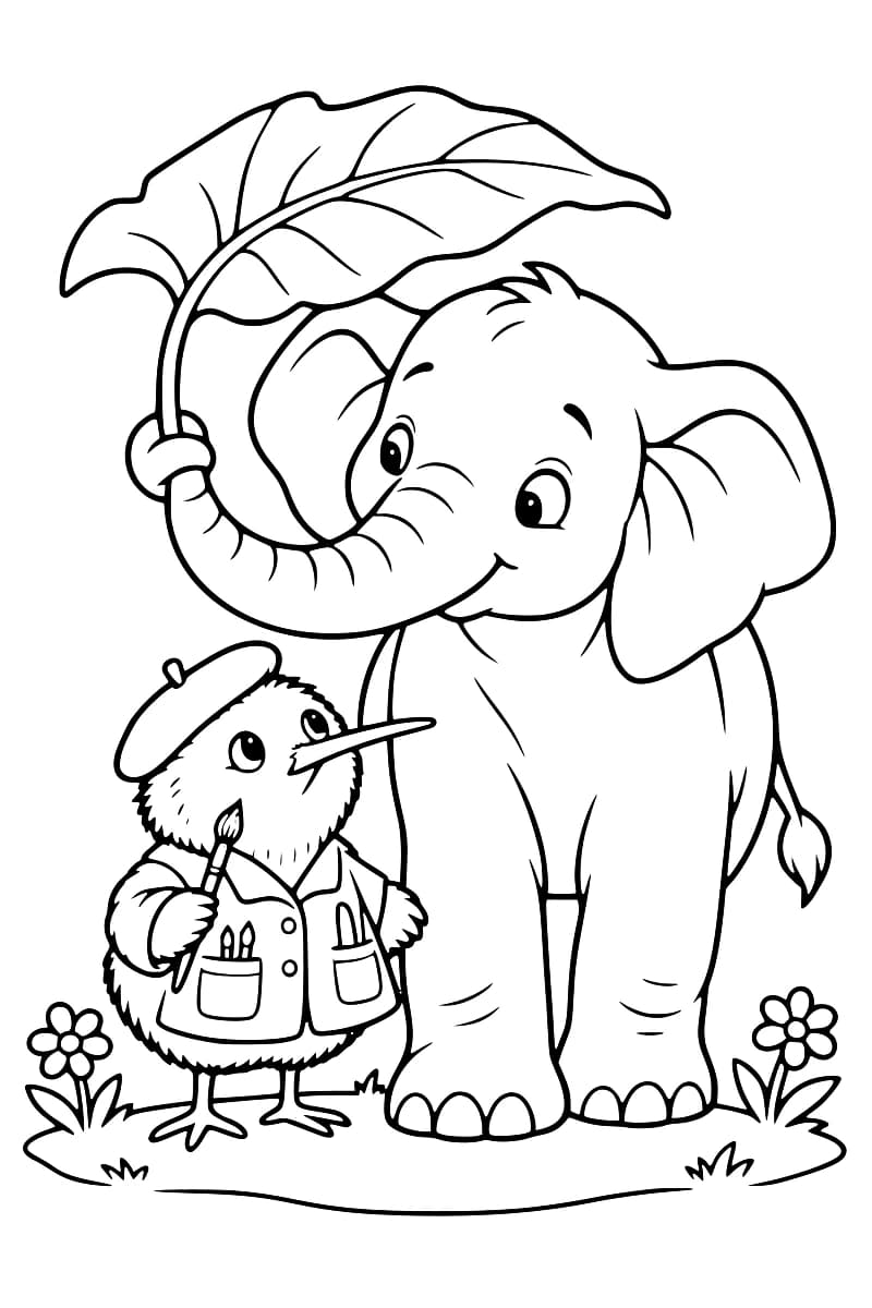 Dessin à colorier d’un éléphant tenant la tige d’une grande feuille avec sa trompe, à côté d’un kiwi en béret et veste de peintre, un pinceau à la main, entre deux fleurs.