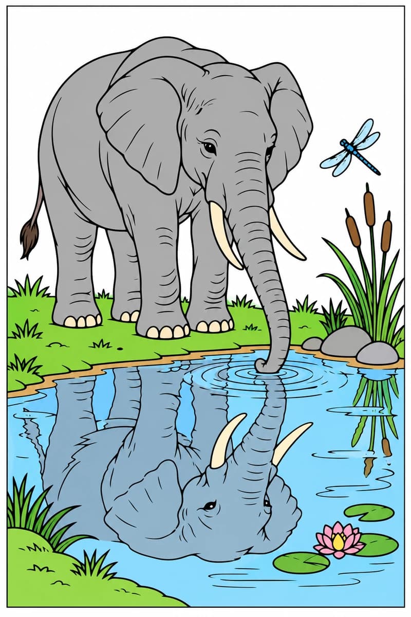 Dessin à colorier d’un éléphant au bord d’un étang, le bout de la trompe dans l’eau et son reflet visible à la surface, avec une libellule, des roseaux, des pierres et des nénuphars. (exemple colorié)