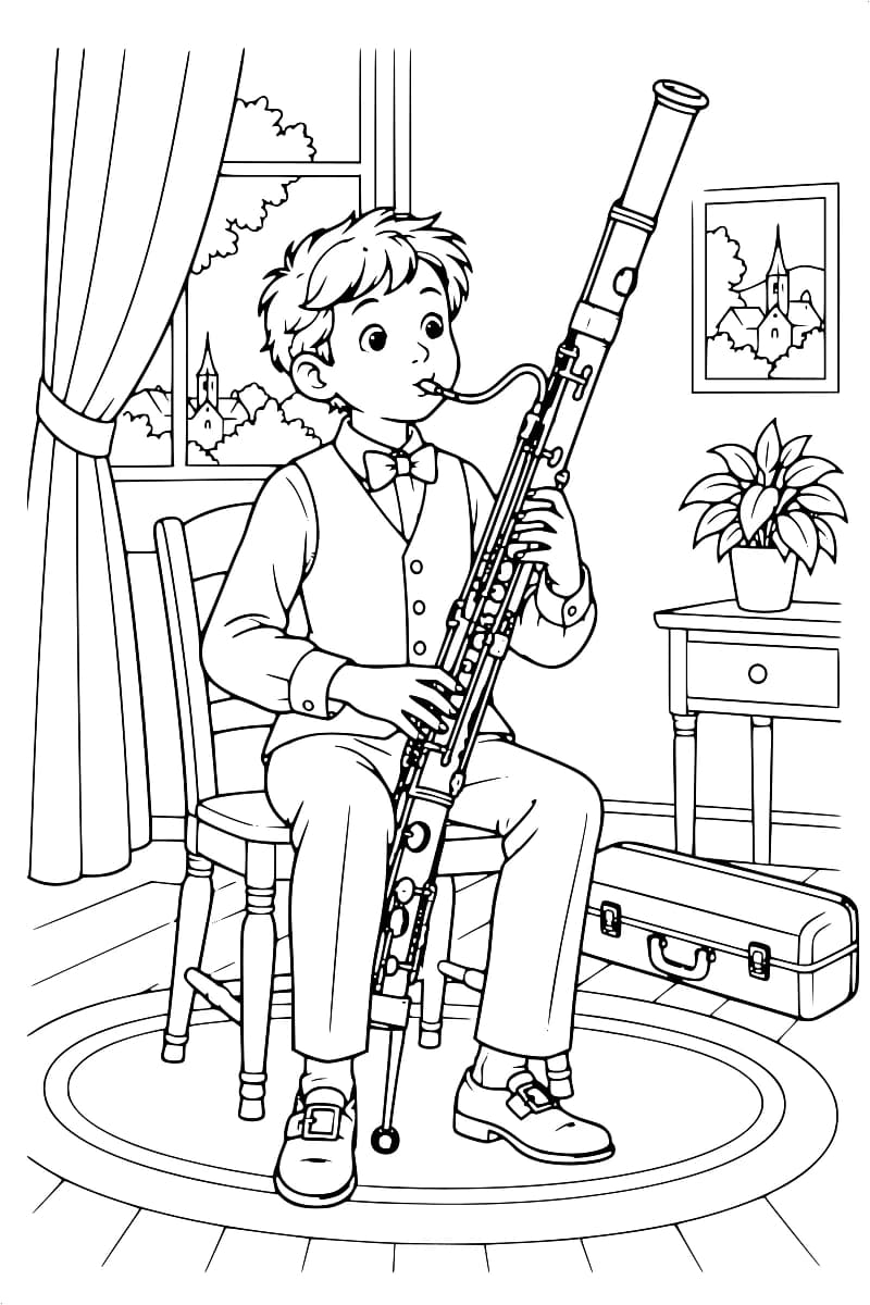 Dessin au trait d’un enfant en gilet et nœud papillon jouant du basson sur une chaise, sur un tapis ovale. Un étui fermé repose à sa droite, près d’une table portant une plante, et une fenêtre à rideaux laisse voir un village.