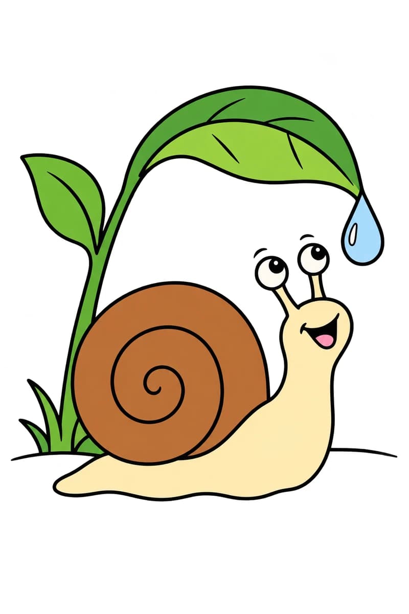 Dessin en noir et blanc d’un escargot souriant à la coquille en spirale, sous une grande feuille portant une goutte d’eau à son extrémité. (exemple colorié)