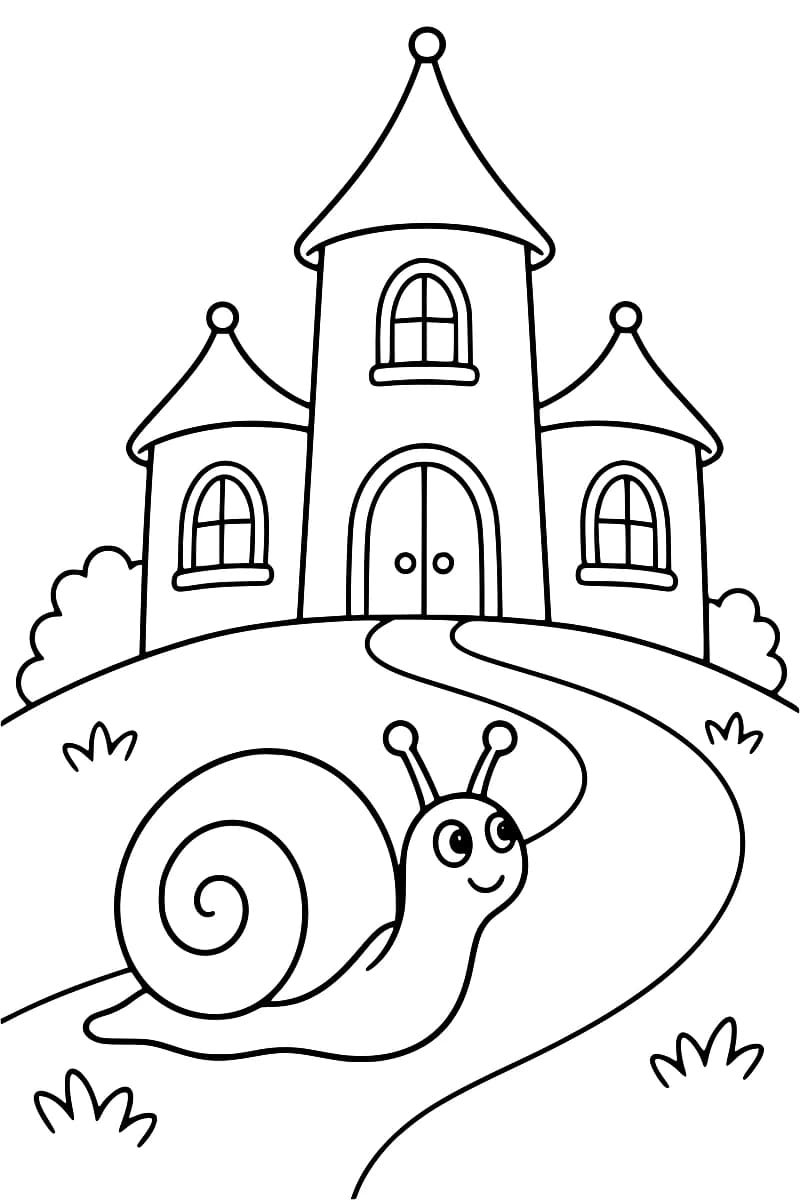 Dessin en noir et blanc d’un gros escargot à coquille spiralée devant un château à trois tours coiffées de toits pointus, avec un chemin sinueux, des buissons et des touffes d’herbe.