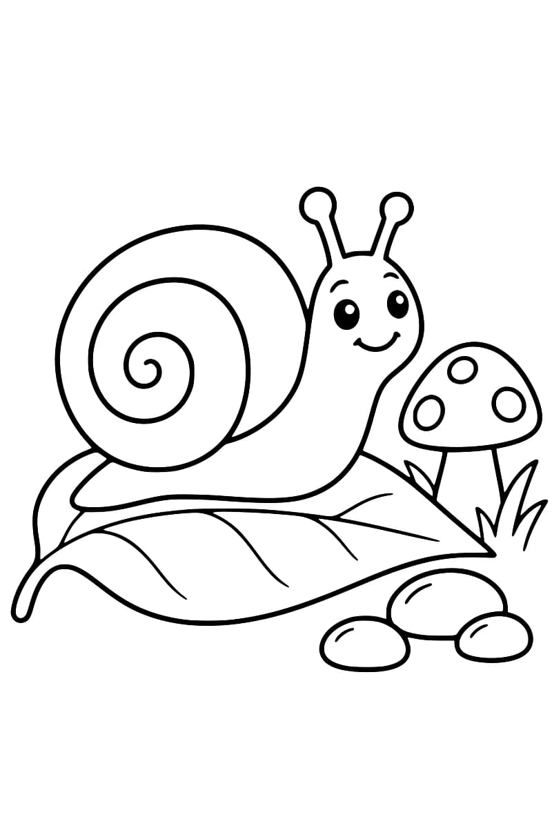 Dessin en noir et blanc d’un escargot souriant sur une grande feuille, avec un champignon et trois cailloux.