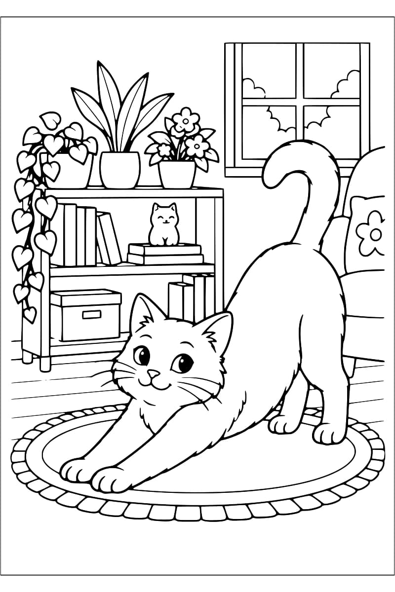Grand chat qui s’étire sur un tapis rond dans un salon, avec une bibliothèque, des plantes, une fenêtre et un petit chat assis sur une étagère.