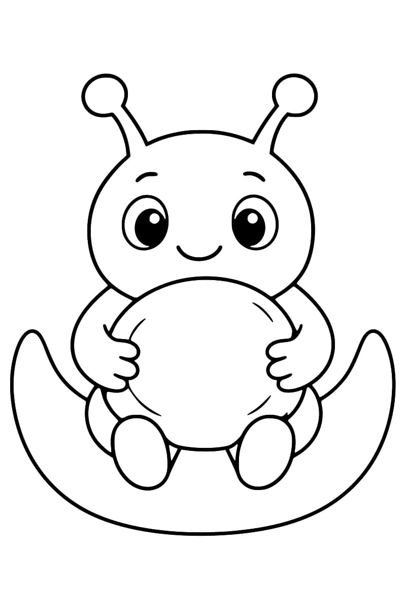 Dessin en noir et blanc d’un petit extraterrestre aux grands yeux et aux antennes arrondies, tenant un coussin rond entre ses mains, les pieds posés sur un croissant de lune.