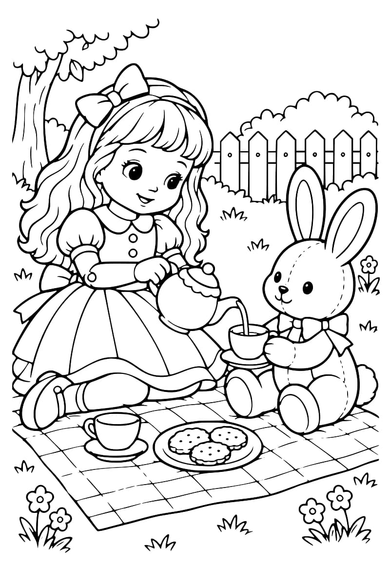 Dessin en noir et blanc d’une poupée à nœud dans les cheveux servant du thé à un lapin en peluche sur une couverture quadrillée, avec des tasses et des biscuits, dans un jardin bordé d’une clôture.