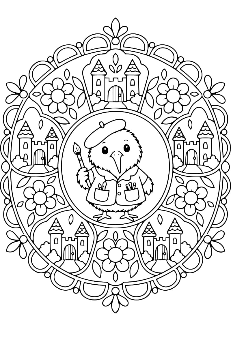 Dessin en noir et blanc d’un oiseau portant un béret et une blouse à poches, tenant un pinceau au centre d’un médaillon ovale entouré de cinq châteaux à deux tours, de fleurs, de feuilles et d’une bordure à arches.