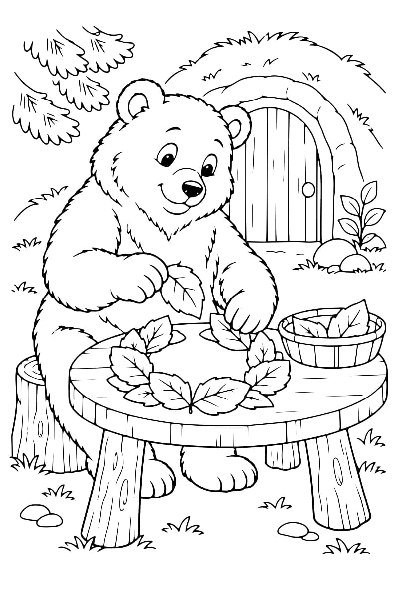 Dessin en noir et blanc d’un ours tenant des feuilles au-dessus d’une couronne posée sur une table en bois, avec un panier de feuilles à droite et une porte arrondie en arrière-plan.
