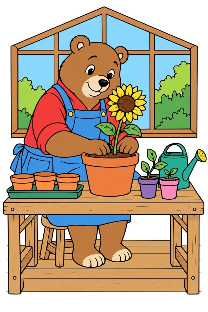 Dessin au trait d’un ours souriant en tablier, assis devant un établi et tassant la terre autour d’un tournesol en pot, avec trois pots sur un plateau à gauche, deux jeunes plantes et un arrosoir à droite, devant une grande fenêtre. (exemple colorié)