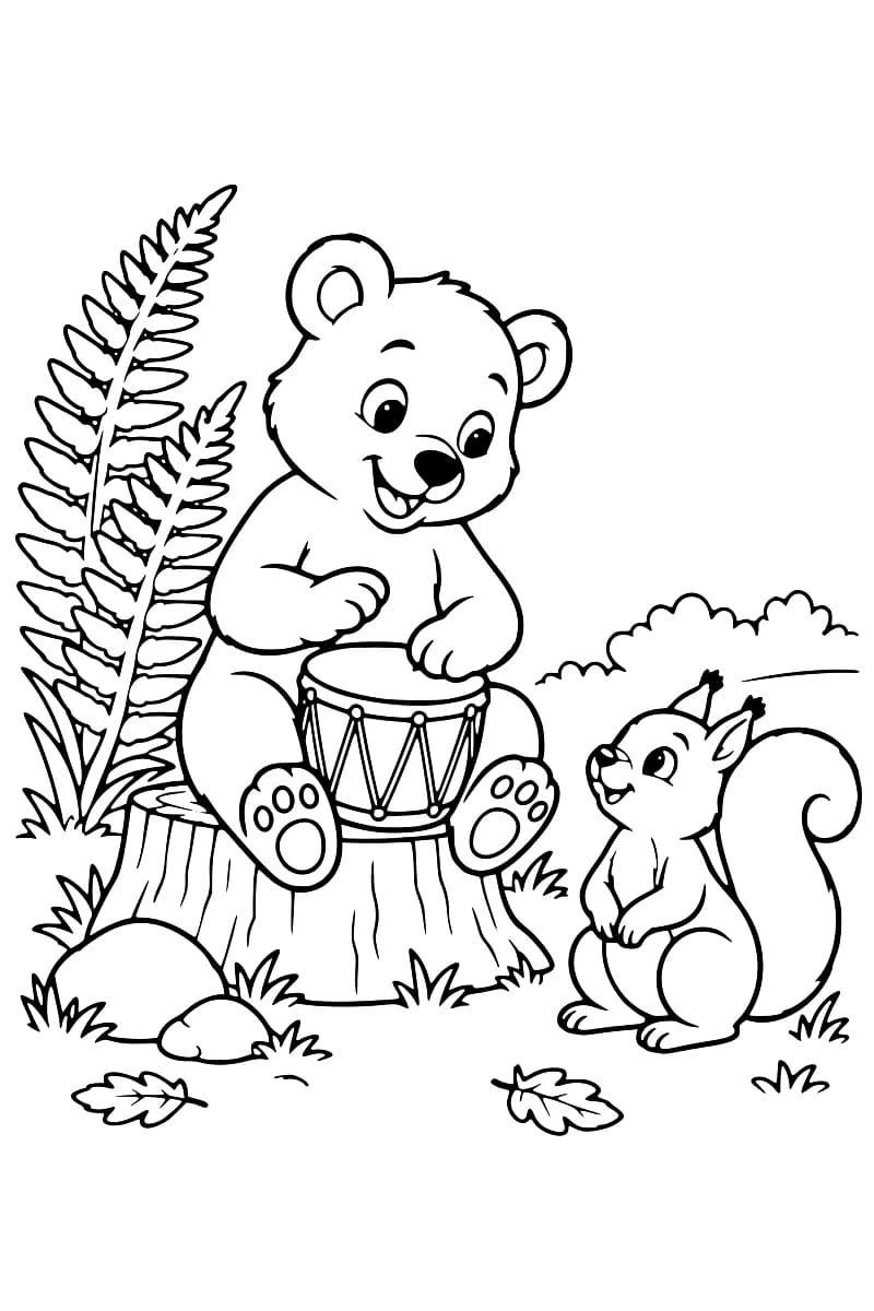 Dessin à colorier d’un ourson souriant assis sur une souche, les pattes sur un tambour, face à un écureuil à la grande queue recourbée, avec des fougères, des pierres et des feuilles au sol.