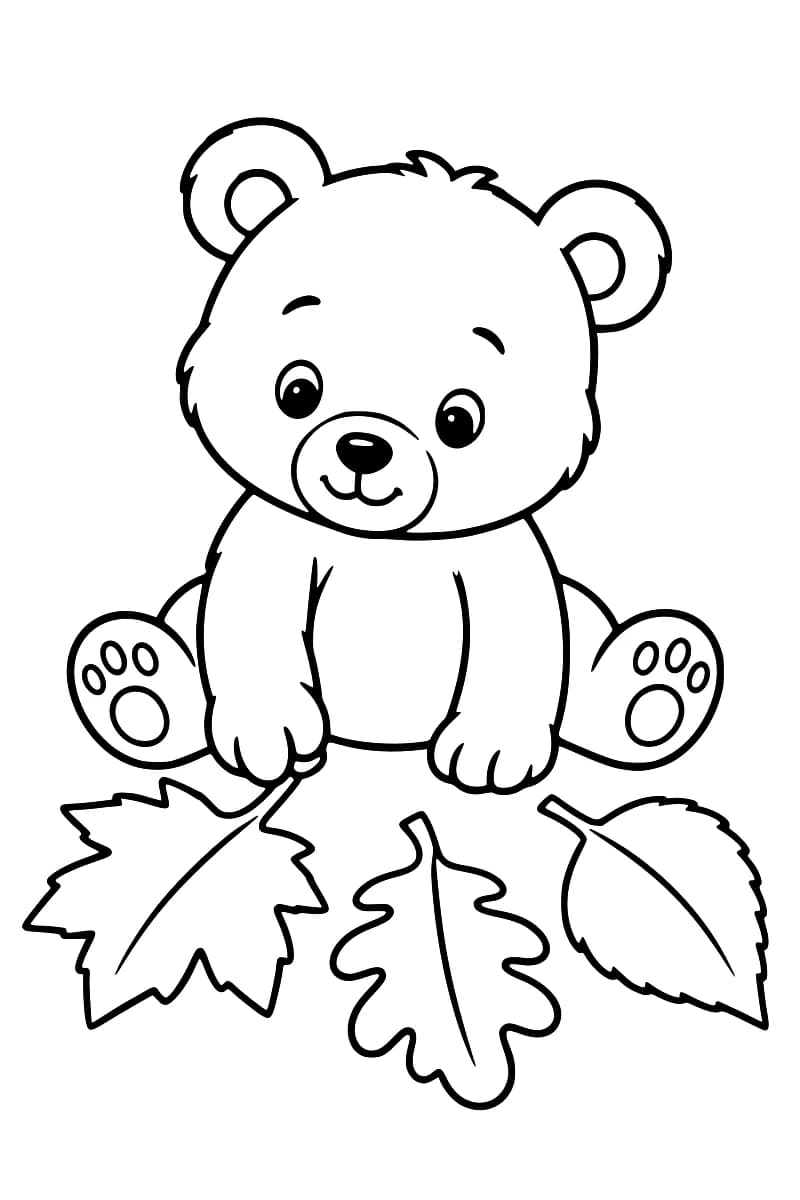 Dessin en noir et blanc d’un ourson assis, les pattes écartées, avec trois grandes feuilles devant lui : une feuille pointue à gauche, une feuille aux lobes arrondis au centre et une feuille ovale dentelée à droite.