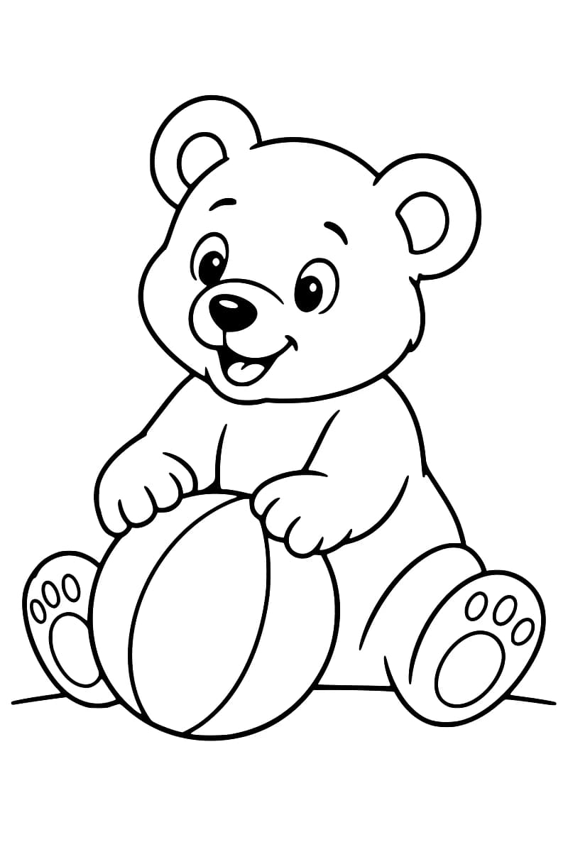 Dessin en noir et blanc d’un ourson assis, les coussinets visibles, tenant entre ses pattes un gros ballon à bandes courbes.