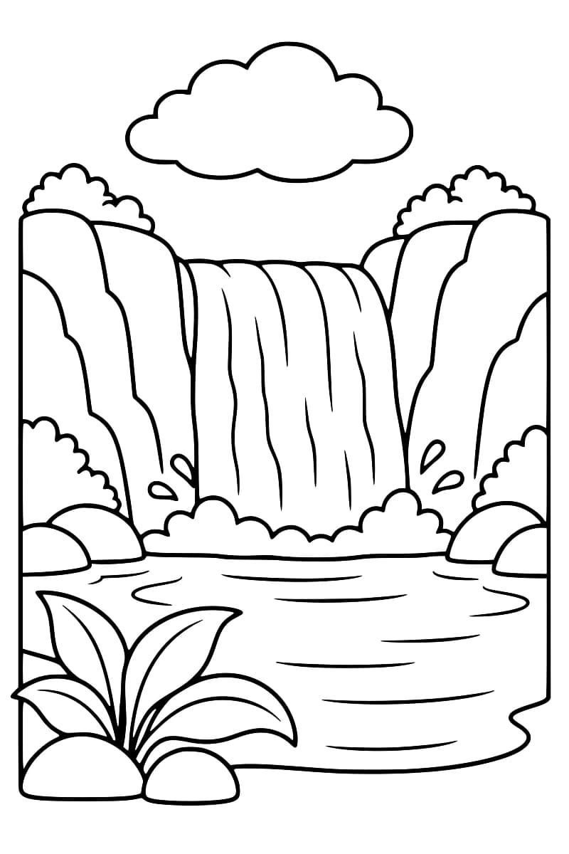 Dessin en noir et blanc d’une cascade entre deux falaises, sous un grand nuage, avec des éclaboussures, un bassin aux lignes ondulées et une plante à grandes feuilles au premier plan.