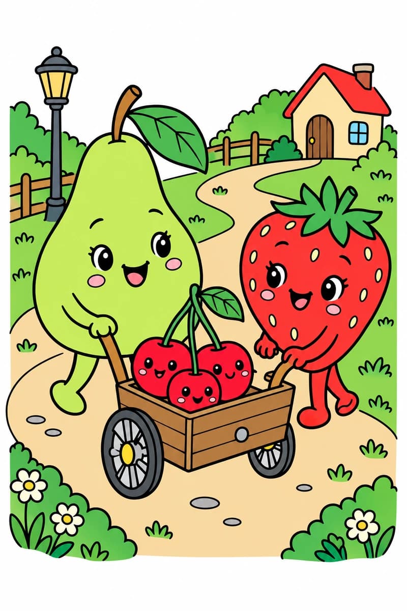 Dessin à colorier kawaii représentant une poire et une fraise tenant les poignées d’une charrette en bois où se trouvent trois cerises souriantes, avec des fleurs, un lampadaire, une clôture et une maison à l’arrière-plan. (exemple colorié)