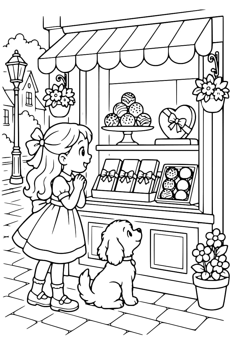 Dessin en noir et blanc d’une fillette accompagnée d’un chien devant la vitrine décorée d’une chocolaterie, avec des chocolats, des fleurs et un coffret en forme de cœur.