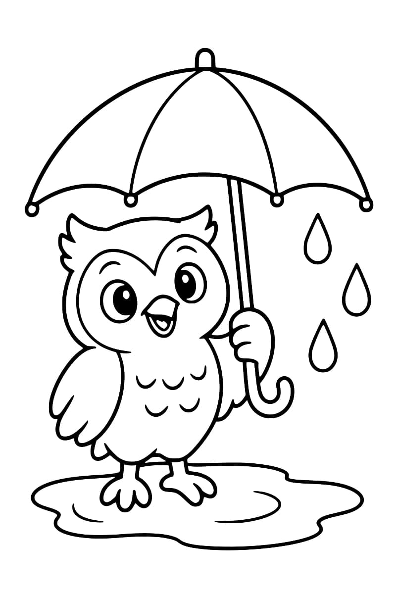 Dessin en noir et blanc d’une chouette aux grands yeux tenant un parapluie à manche courbé, debout dans une flaque, avec trois gouttes de pluie à droite.