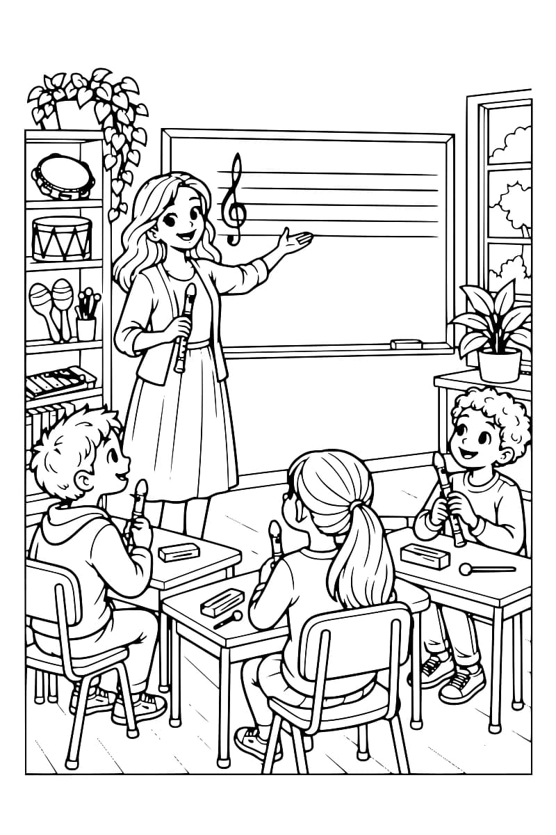 Dessin en noir et blanc d’une enseignante devant un tableau musical, entourée de trois élèves jouant de la flûte, avec des instruments sur une étagère.