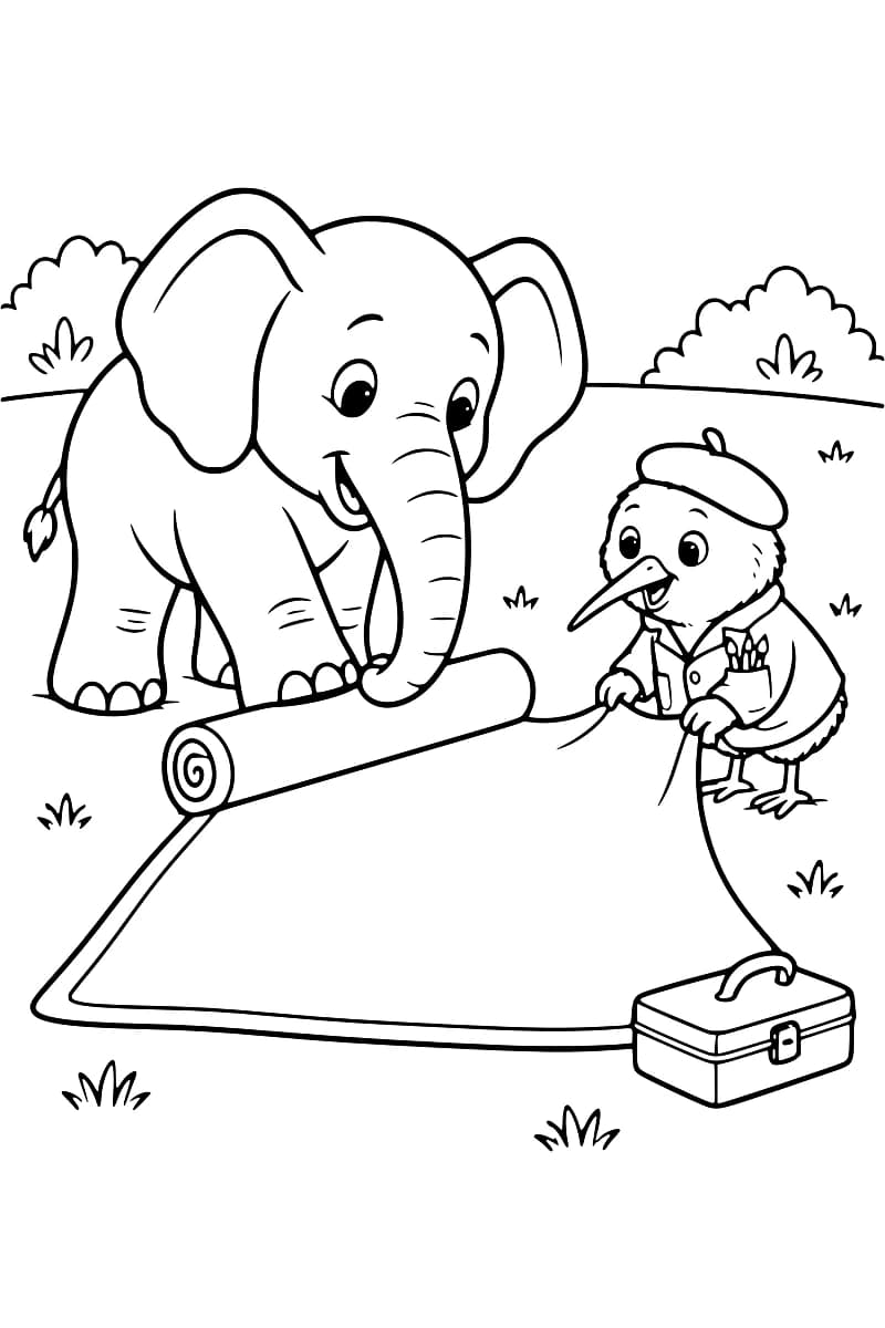 Dessin en noir et blanc d’un éléphant posant sa trompe sur une couverture partiellement enroulée, tandis qu’un kiwi en béret et en veste en tient le bord, avec une boîte fermée à poignée au premier plan.