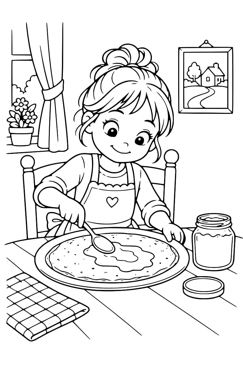 Dessin au trait d’une enfant souriante en tablier, assise à table, qui garnit une crêpe dans une assiette avec une cuillère. Un pot ouvert et son couvercle sont posés à droite, un torchon à carreaux à gauche.