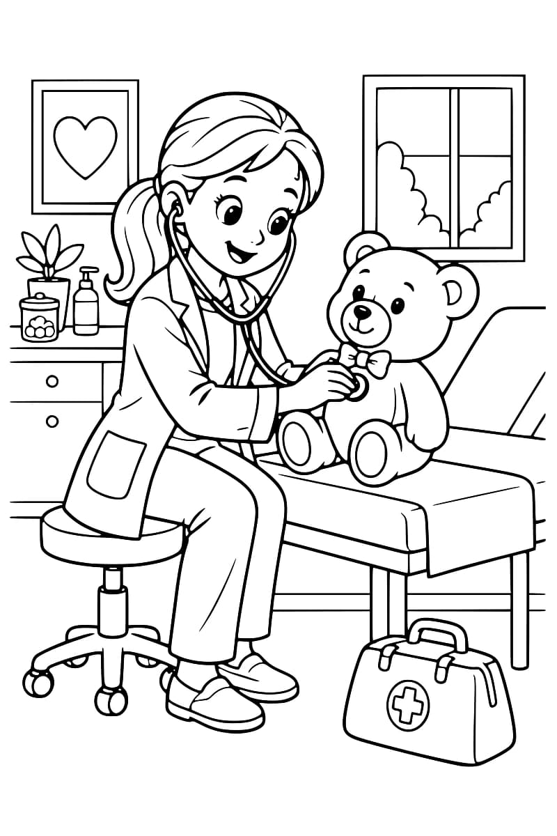 Dessin en noir et blanc d’une docteure auscultant un ours en peluche dans un cabinet médical.