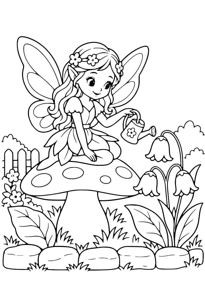 Coloriage d’une fée ailée assise sur un champignon, tenant un arrosoir devant des fleurs.