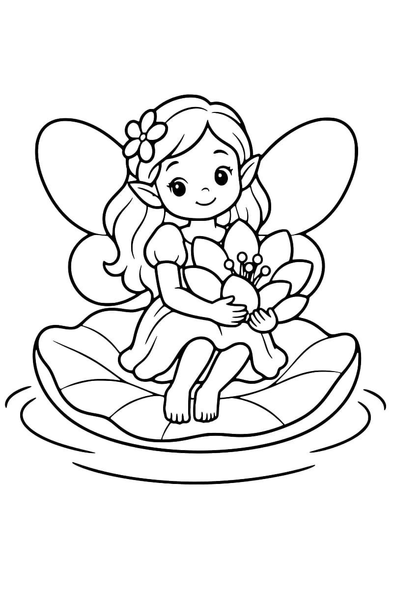Dessin en noir et blanc d’une fée aux grandes ailes assise sur un nénuphar et tenant une fleur.