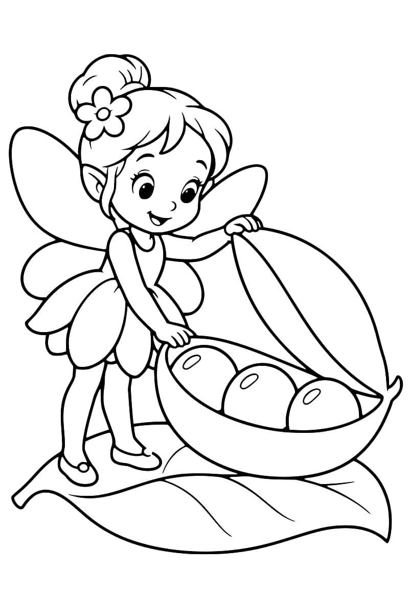 Dessin au trait noir sur fond blanc d’une fée ailée, coiffée d’un chignon orné d’une fleur, qui tient ouverte une cosse contenant trois petits pois sur une grande feuille.